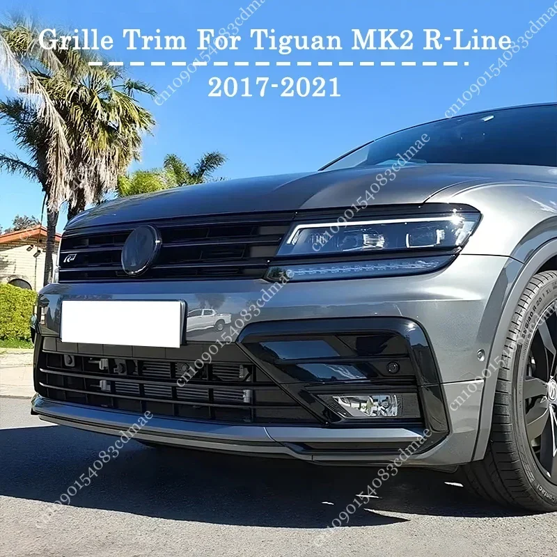 Gloss Black Front Bumper Mesh Grille Strip Fog Light Moulding Trim Headlight Eyebrows For Volkswagen Tiguan MK2 Rline 2017-2021