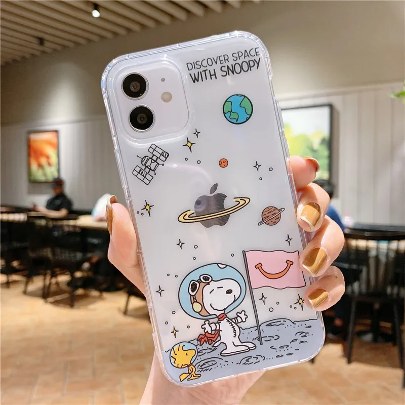 Snoopy astronaut Cartoon Transparent Phone Case For iPhone 16 15 14 13 12 11 Pro Max Xr Xs Max 16 15 Plus Case Cute Soft Cover