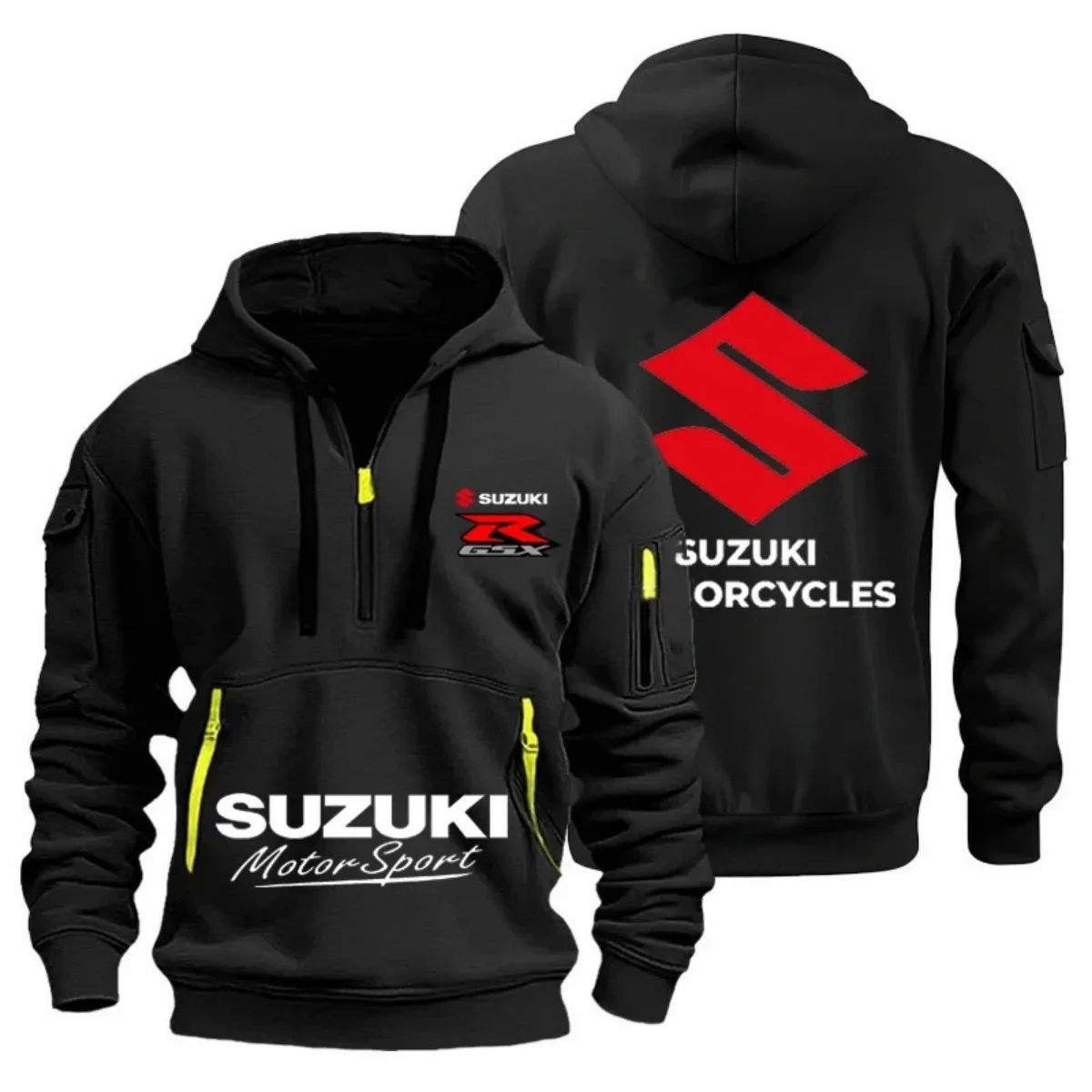 Suzuki Men's Autumn/Winter Hoodie High-Quality Outdoor Motorcycle Sweatshirt with Half-Zip Design And Multiple Pockets