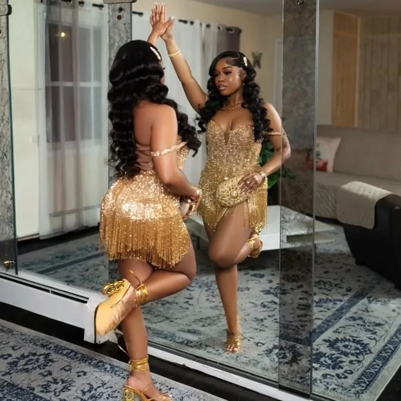 Gold Short Prom Dresses For Black Girls Sweetheart Beaded African American Birthday Party Homecoming Cocktail Dresses Customized