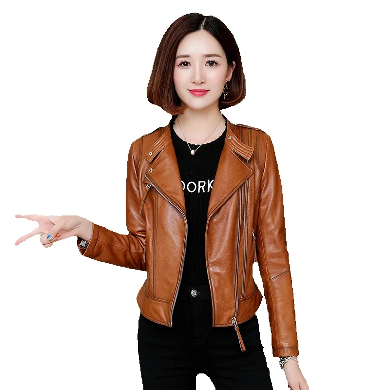 Spring New Sheepskin Women's Genuine Leather Shirt Short Jacket With Flip Collar Slim Fit Motorcycle Coat