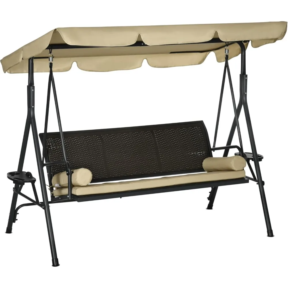 

3-seat Patio Swing Chair, Swing Bench For Outside W/adjustable Shade, Removable Cushion And Rattan Seat, For Garden, Porch,