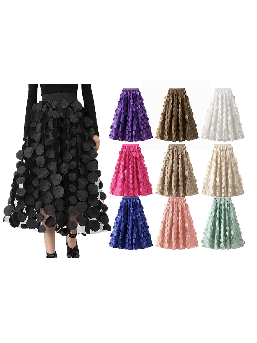 Women Tulle Tutu Skirt Solid Color 3D Dot Mesh Fairy A-Line Long Skirt Elastic Waist Beach Party Streetwear