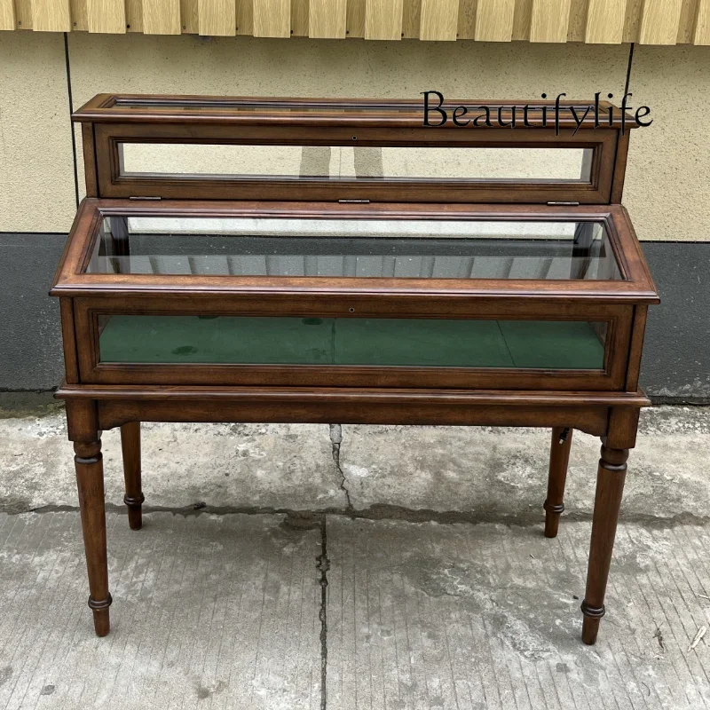 BJ Vitrina de doble capa, vitrina totalmente de madera maciza, taquilla nostálgica, vitrina decorativa con lámpara neutra