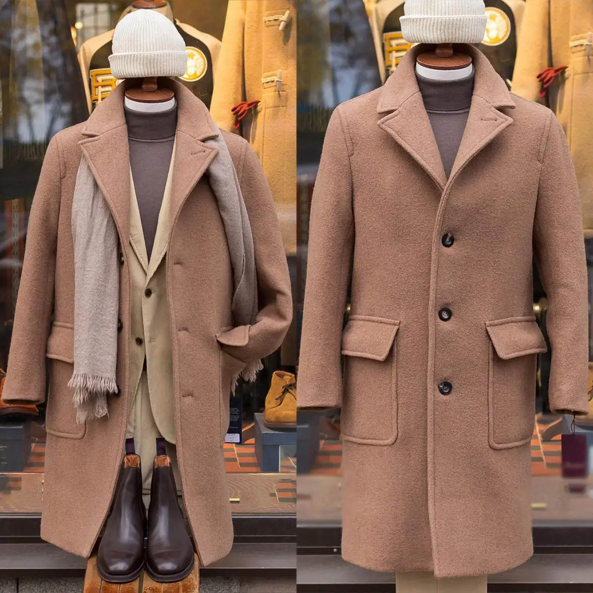 Customized Fashion Mens Camel Long Coat Wool Tweed Regular Fit Winter Warm Groom Long Coat Outdoor Wear Jacket One Piece