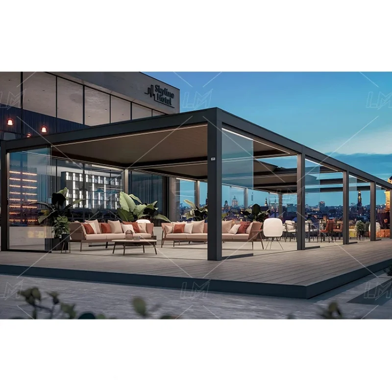 Kits de Pérgola 3x3, 3x4, 3x5, 3x6, 4x3, 4x4, 4x5, 18x14, Gazebo Bioclimático Motorizado de Aluminio para Exteriores con Puerta Corredera de Vidrio