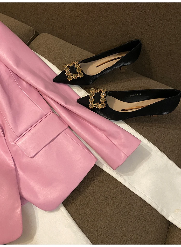 Lautaro Spring Stylish Short Pink Soft Pu Leather Blazer Long Sleeve Slim Fit Luxury Jackets for Women 2022 Elegant Fashion 5xl