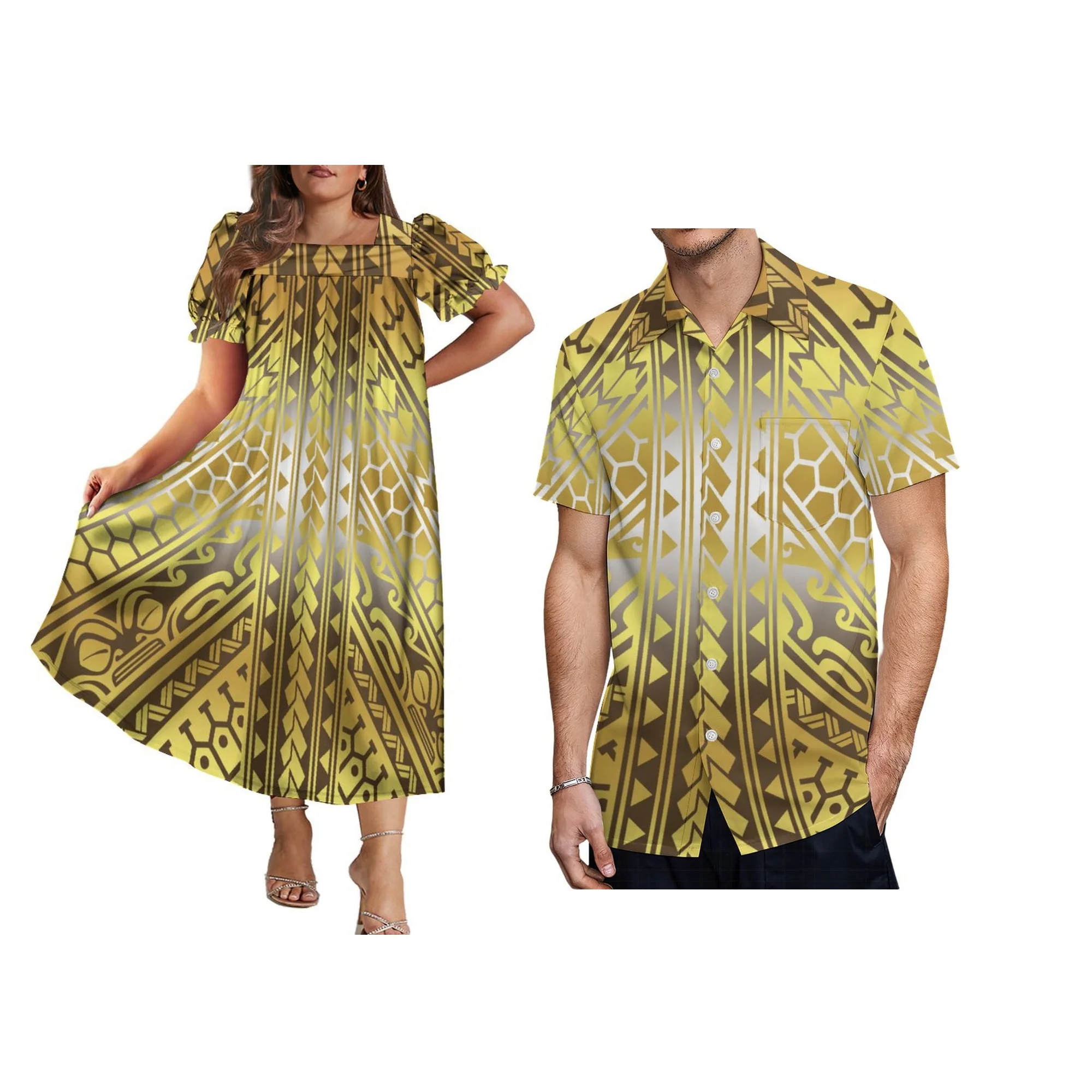 2025 Fashion Lady Mumu Abito a maniche corte con camicia da uomo Design della tribù polinesiana Coppia Set Spedizione gratuita