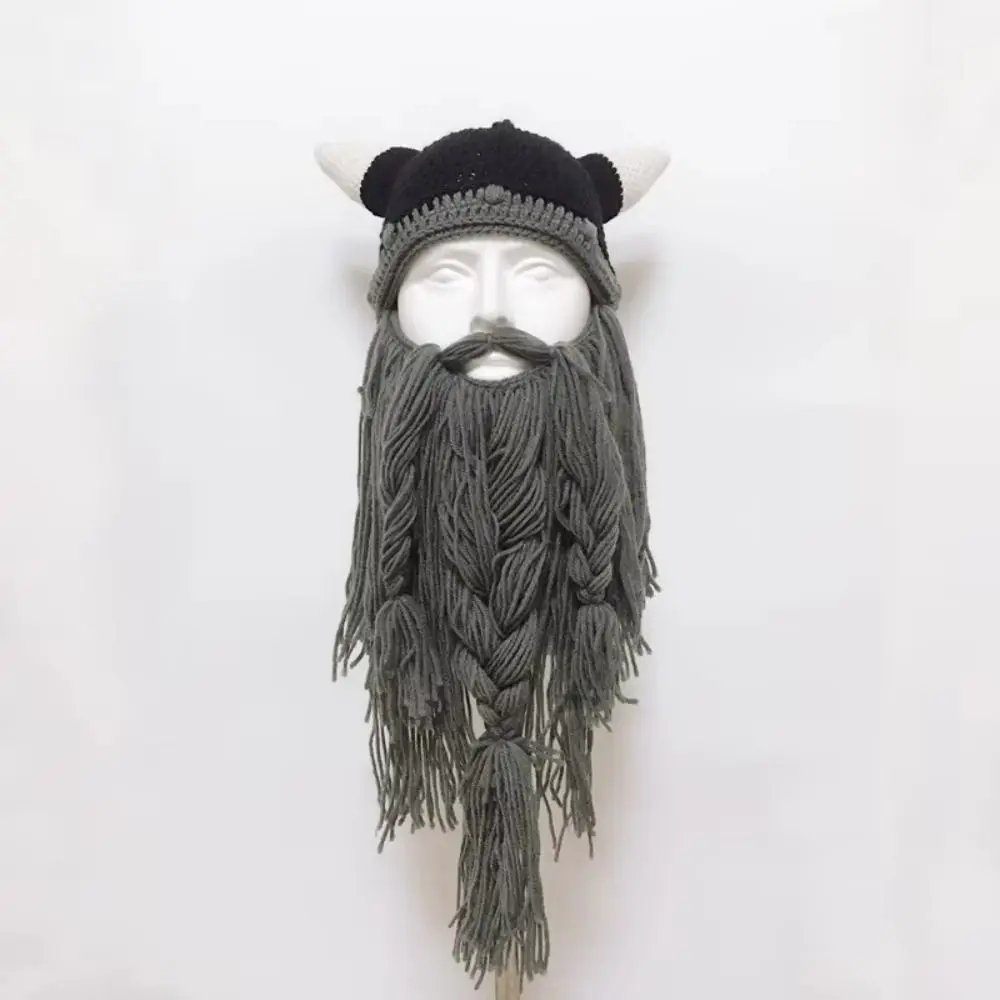 Horn Hat Wig Beard Hats Handmade Knit Removable Viking Beard Beanie Halloween Cap Winter Warm Big Beard Mask Hat Christmas Party