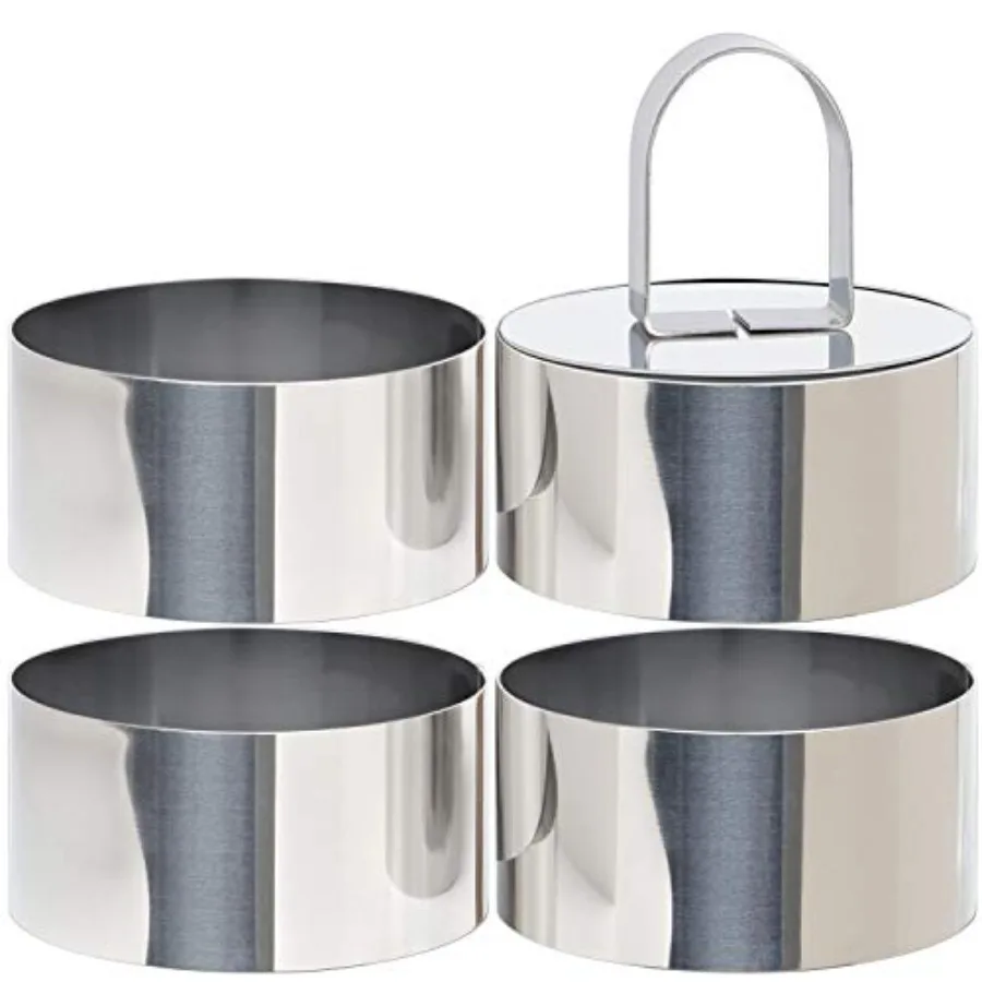 

Round Cake Ring Mold, Stainless Steel 3" Cooking Crumpet Rings with 1 Pusher and 4 Food Form, Tuna Tartare Mold for Pancake, Sa