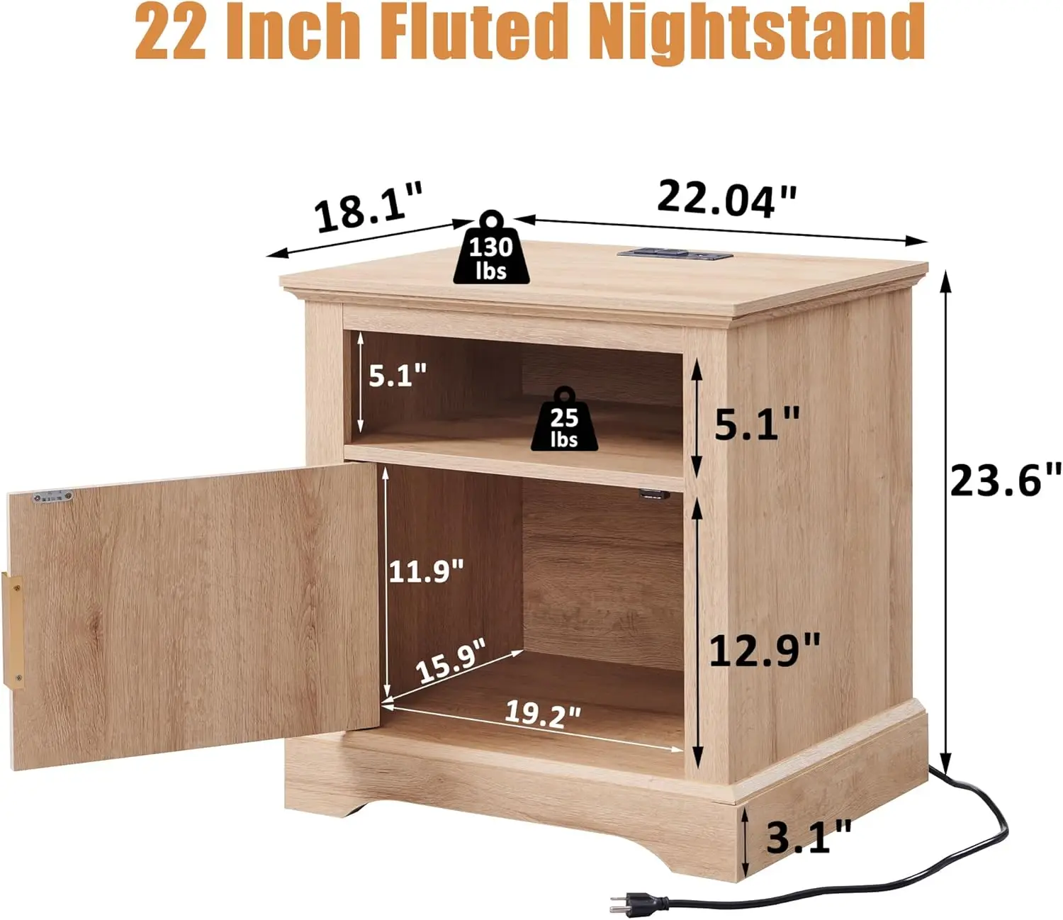 Table de nuit cannelée avec station de charge, grande table d'appoint moderne de 22 ", table d'extrémité en bois avec étagère ouverte et dessus de lit spacieux, chevet