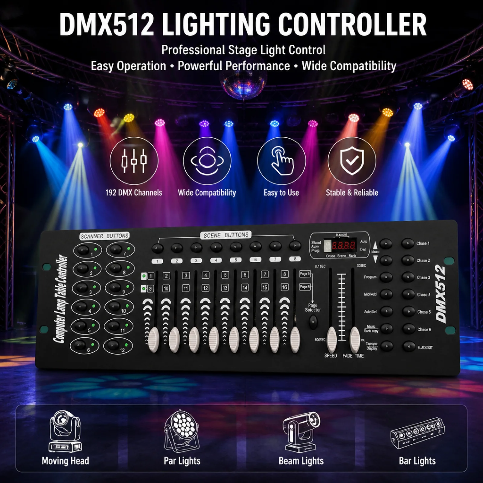 Configurable 192-Channel Lighting | Professional, DMX512 Lighting Controller, for Stage