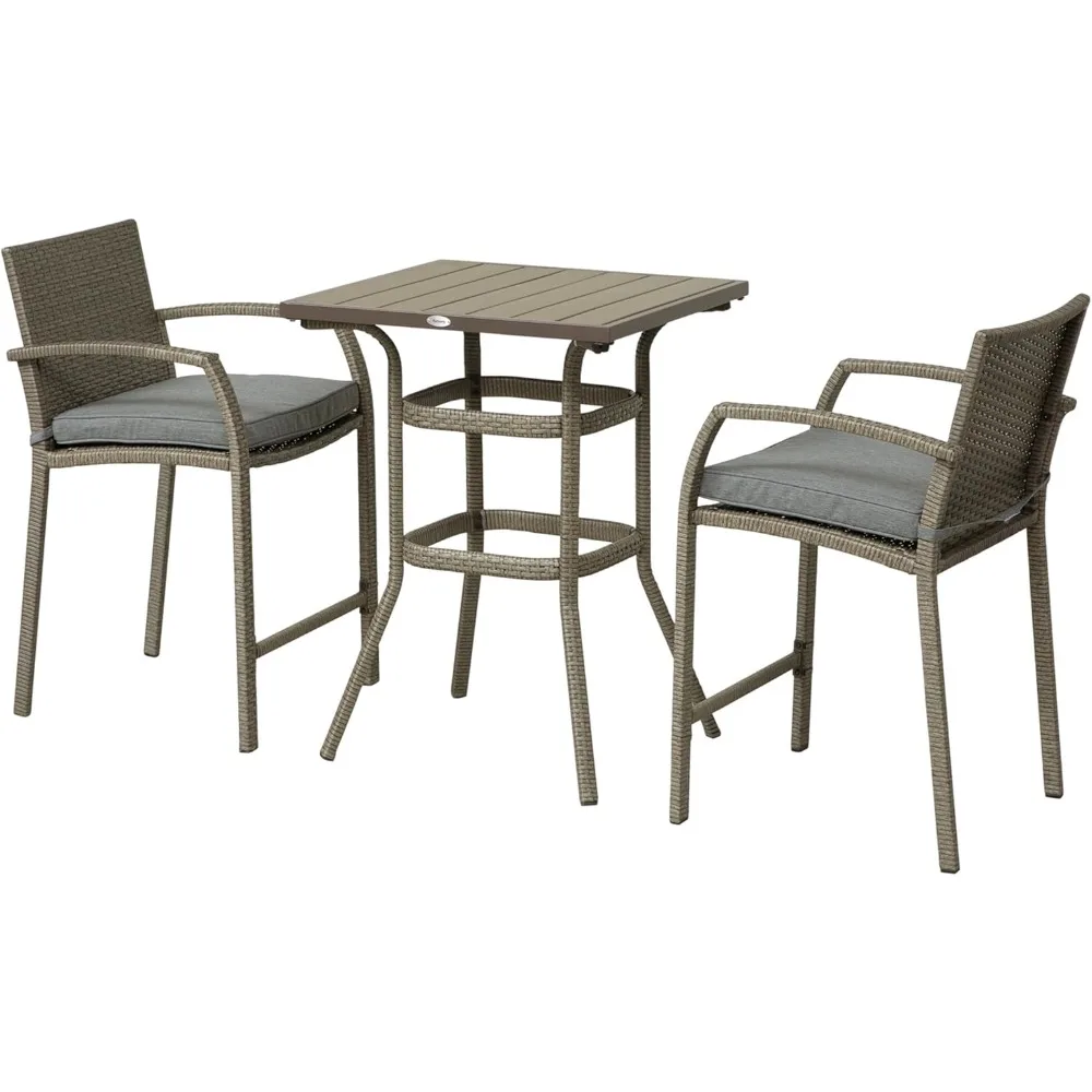 

3 PCS Rattan Wicker Bar Set with Wood Grain Top Table and 2 Bar Stools for Outdoor, Patio, Poolside, Garden, Grey