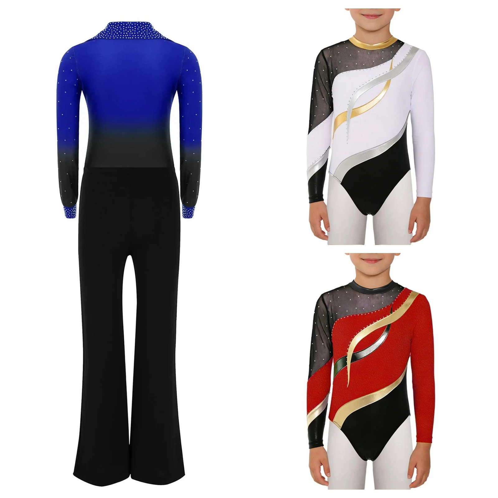 

Boys Acrobatics Gymnastics Jumpsuit Tango Rumba Chacha Latin Dance Bodysuit Shirt Tops Pants Long Sleeve Figure Skating Leotard