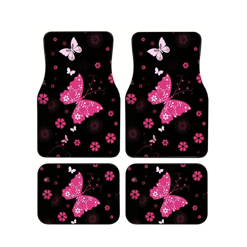 

Pink Butterfly With Flower Print Car Floor Mats 4PCS Universal Non-slip Waterproof Auto Foot Carpets Floral Car Accessories