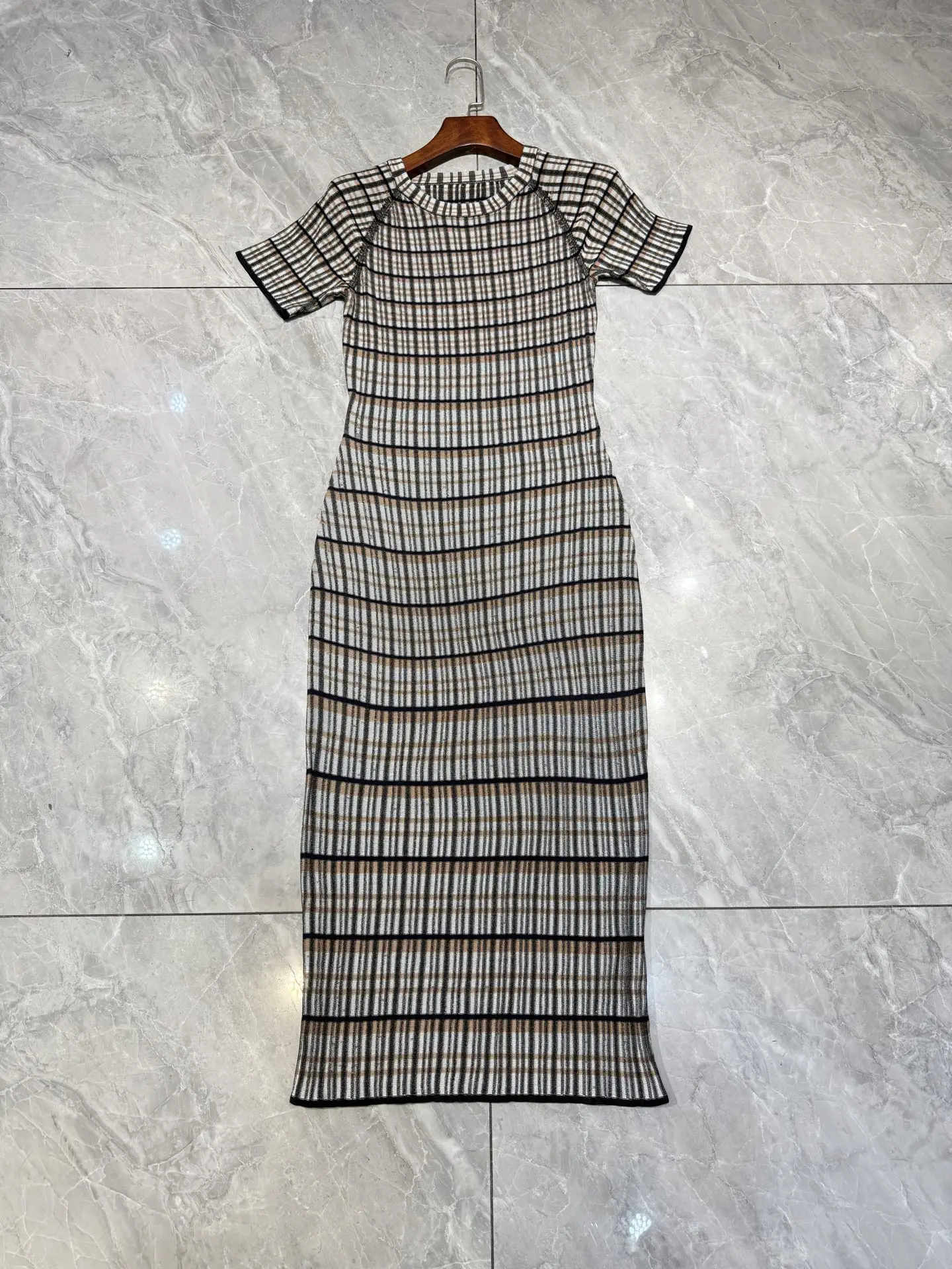 

Women's Striped Slim Midi Robe Round Neck Short Sleeve Vintage Ladies Knitted Dress