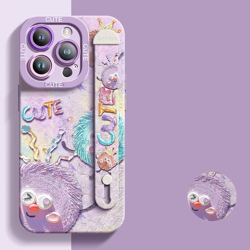 Cute Cartoon Design Soft Silicone Wrist strap Phone Case for iPhone 16 15 14 13 12 11 Plus Pro Max Phone Stand Holder Cover