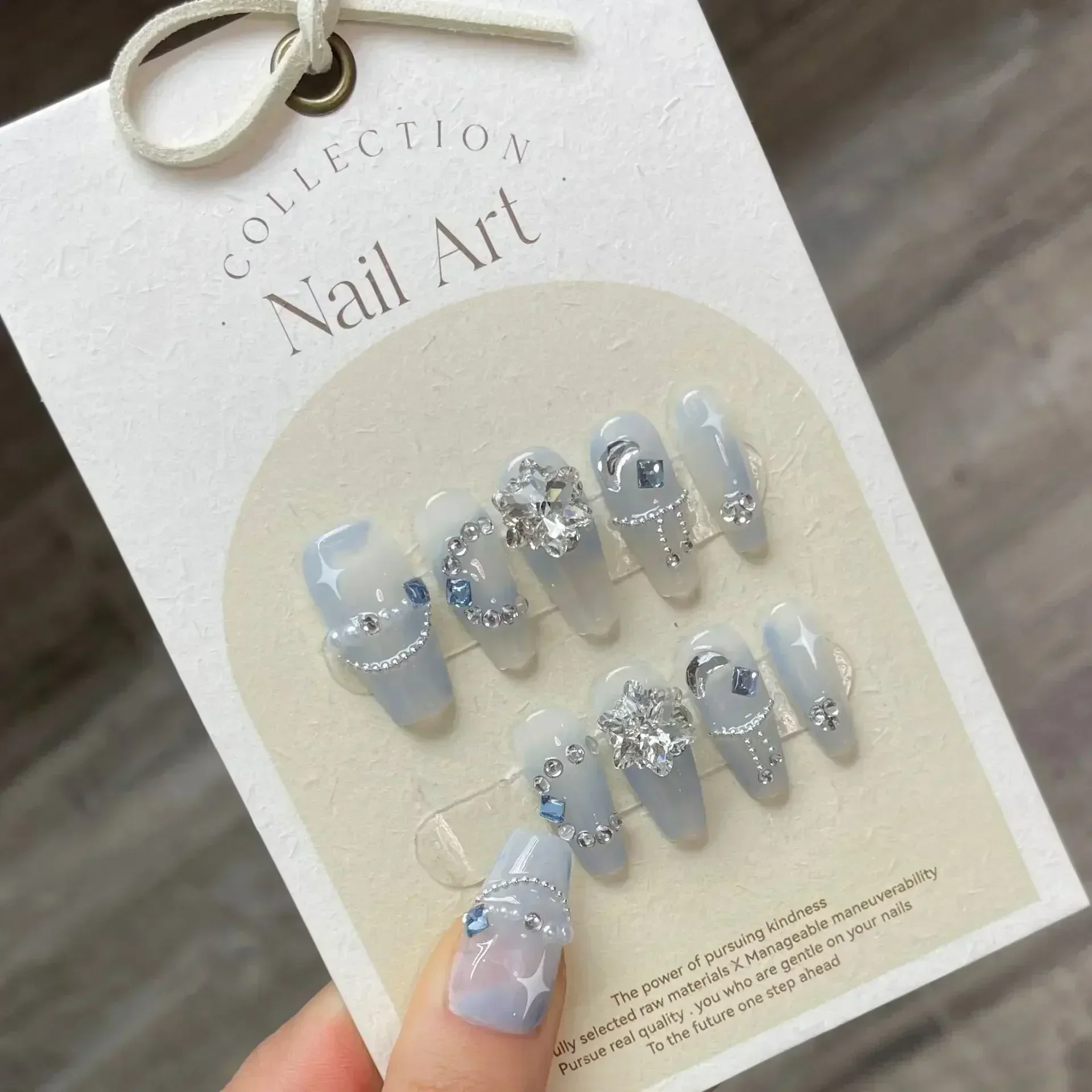 10Pcs Blue Handmade Press On Nails Gradient Flower with Rhinestones False Nails Ballerina Fake Nails Decoration Nail Tips Art