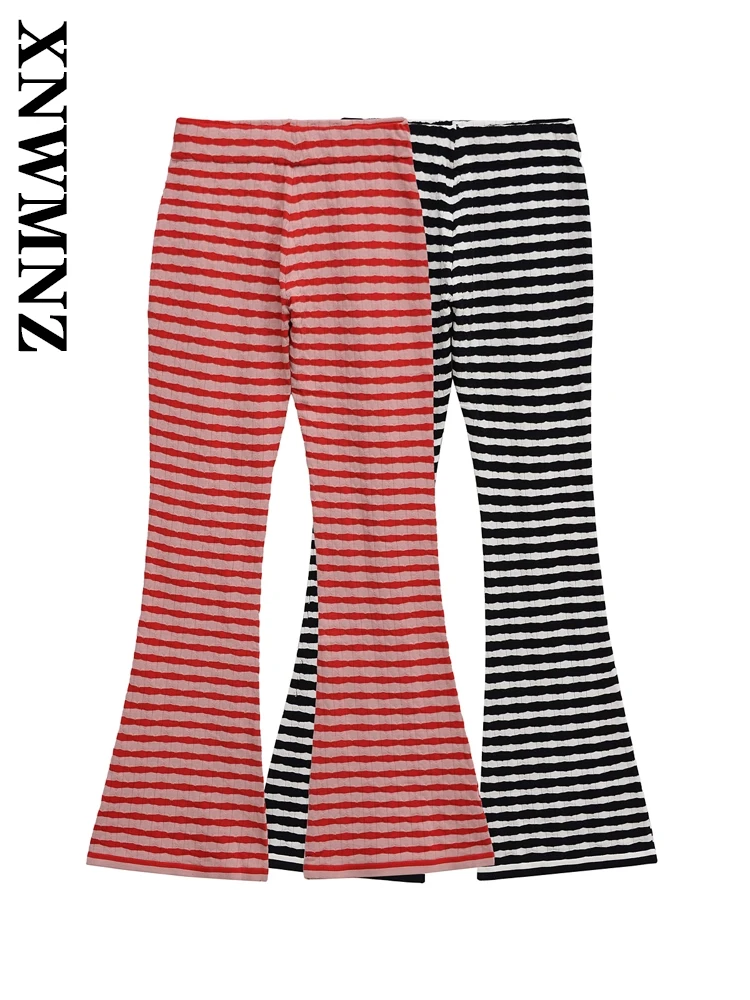XNWMNZ 2025, Frühjahr Neue Frau Einfache Urlaub Jacquard Hohe Taille Club Dame Böden Chic Gestreiften Lange Hosen
