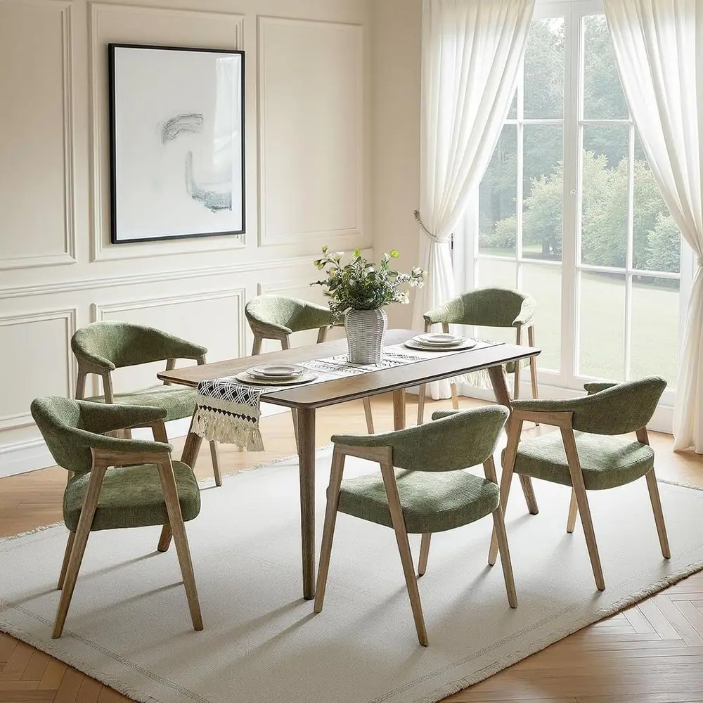 

6-Piece Green Upholstered Dining Chairs Set with Armrests, Curved Backrests, and Wooden Legs for Kitchen or Living Room - Moss
