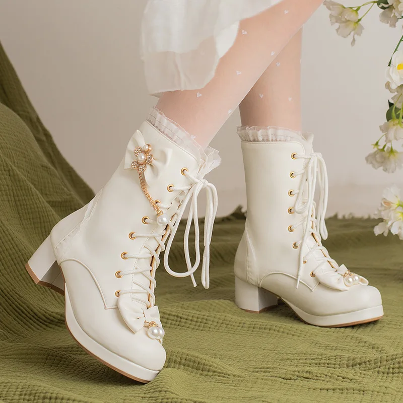 Fashion Bowknot Girls Lolita Boots Pearl Ruffles Women Platform Chunky Heel Ankle Boots Girls Princess Cosplay Party Shoes 28-43