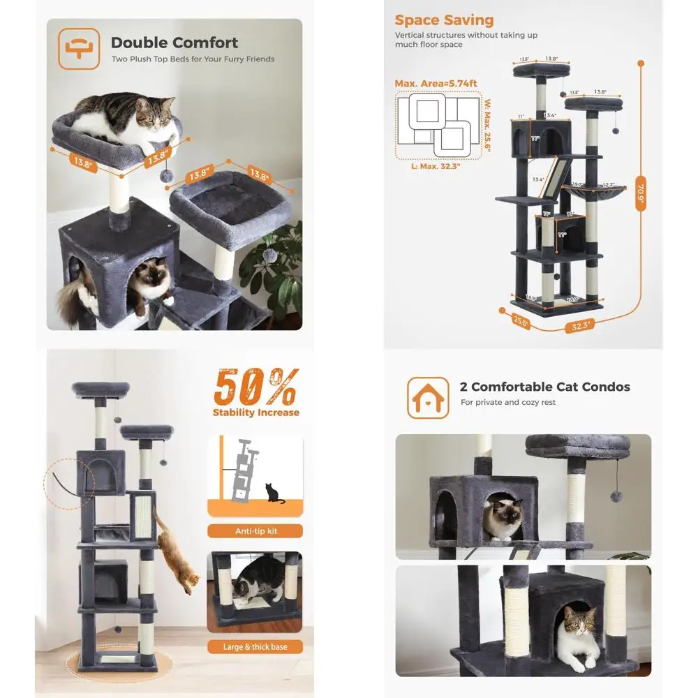 

71 Indoor Multi-Level Cat Tower with Cozy Condo, Smoky Grey, Prime Clearance