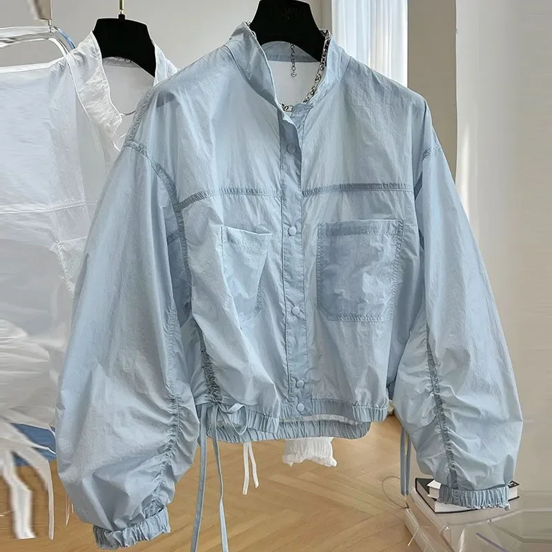 

Outdoor Sun Protection Solid Jackets Women Drawstring Thin Simple Stand Neck Coat loose Femme Tops 2025