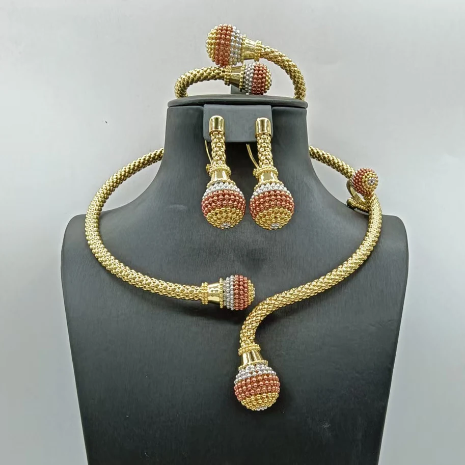 

Stunning Elegant Skeleton Ball Three Tone Jewelry Set Fabulous Wedding Necklace Bracelet Earrings Ring 4PC Jewellery for Party