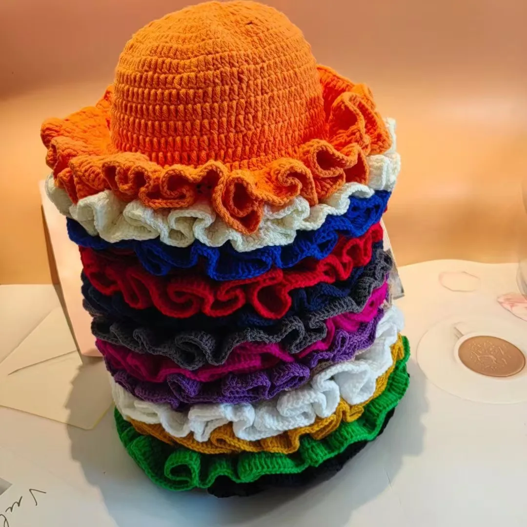 Winter Handmad Crochet Knitted Hat For Women Solid Color Fisherman Hats Ruffled Brim Bucket Cap Men Carnival Party Funny Gift