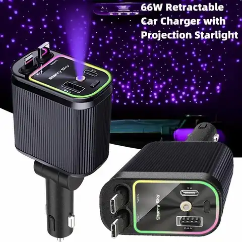 4-in-1 개폐식 별이 빛나는 하늘 상단 빠른 자동차 충전기 RGB 빛을 가진 이중 80cmLong 개폐식 케이블 자동차 충전기 자동차 플러그 어댑터