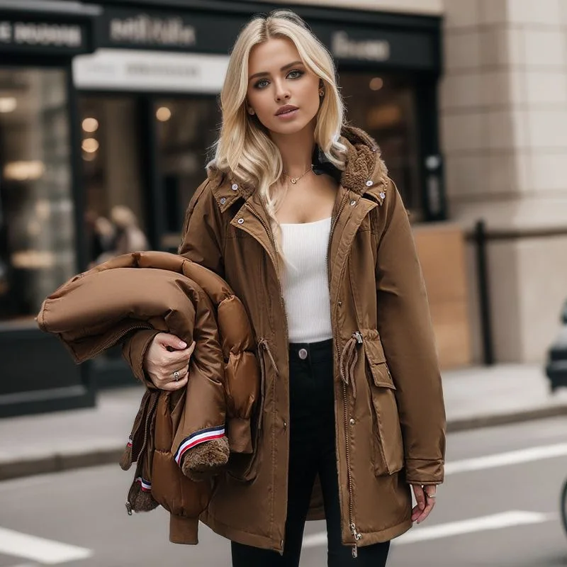 

Women Parkas Tops Female Fur Collar Thicken Warm Detachable liner Long Coats Women Waist Drawstring lady Oversize Cotton Jacket