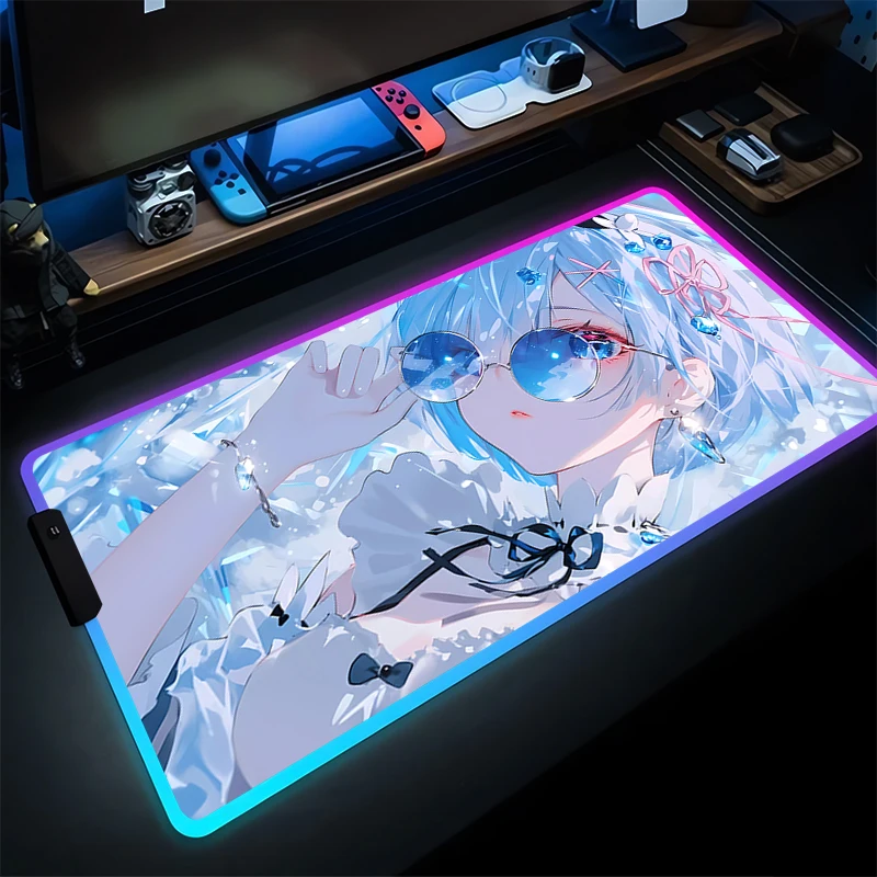

LED Mouse Pad Rubber RGB PC Computer Gaming Accessories Mousepad Re Zero Rem Emilia Anime Desk Mat Cute Girl Gamer Keyboard Pad
