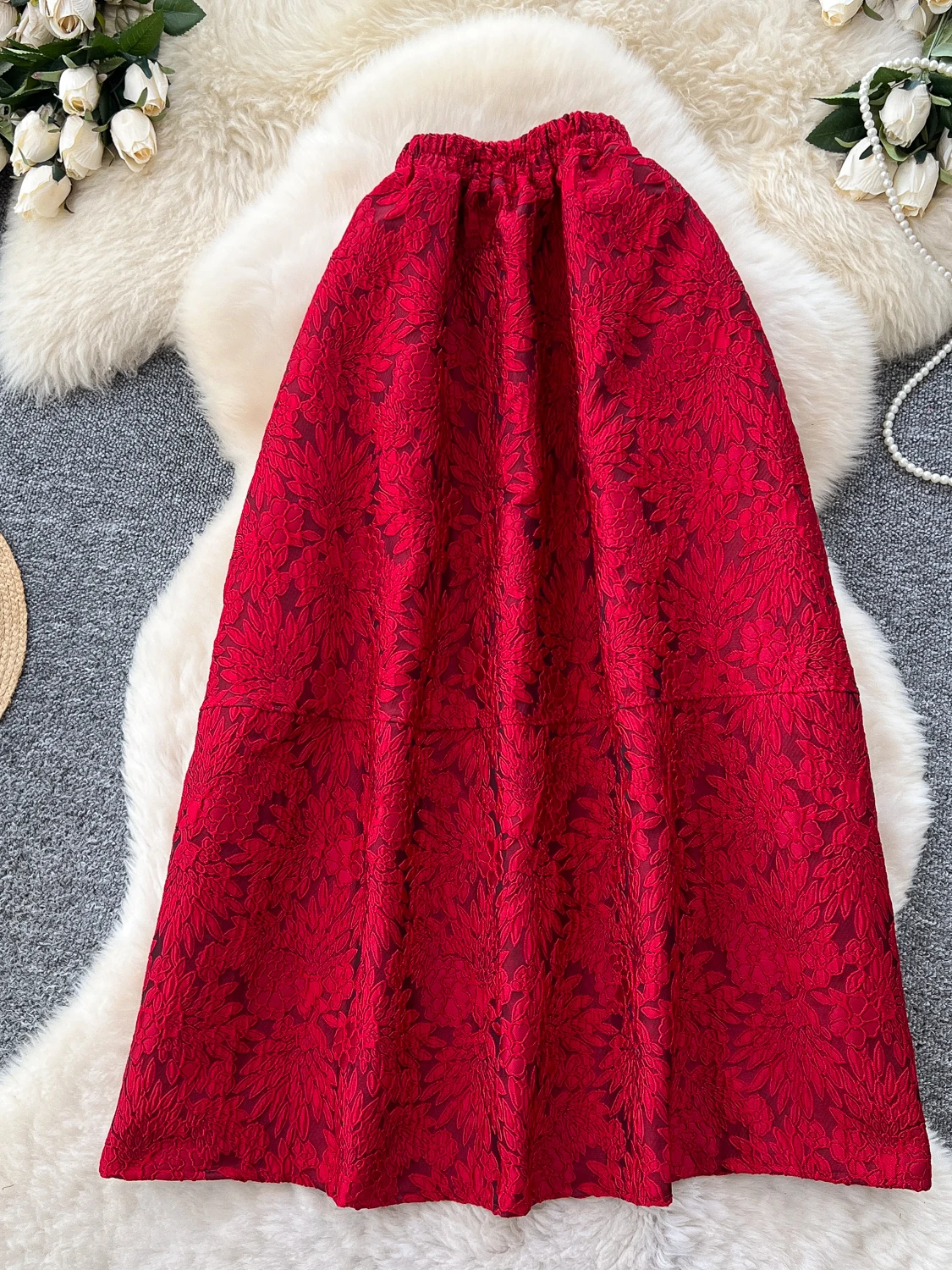 Retro Court Embroidered A-Line  Skirt Women's High Waist Flared Skirts Korean Sle Commute Polyester Fiber Ci Use