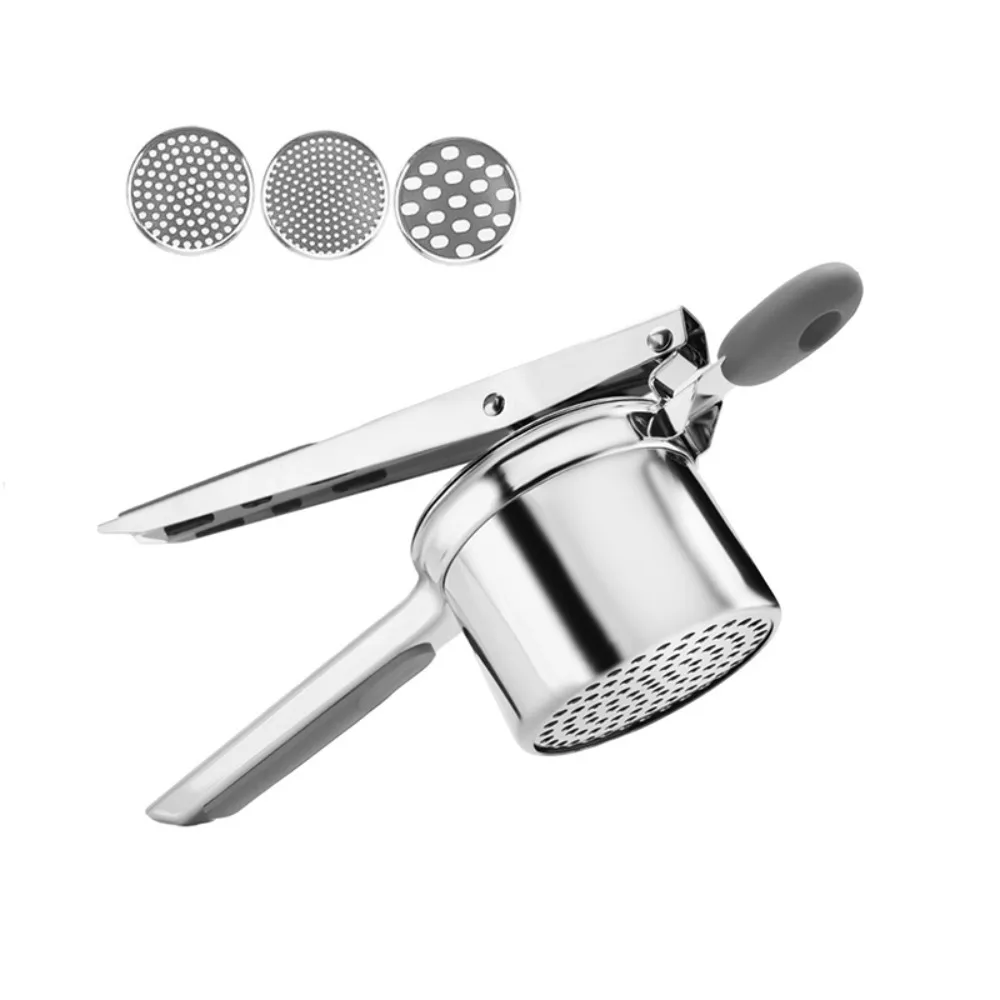 

Stainless Steel Potato Masher Manual Silicone Handle Potato Ricer Maker Hand Press with 3 Interchangeable Discs Juice Squeezer