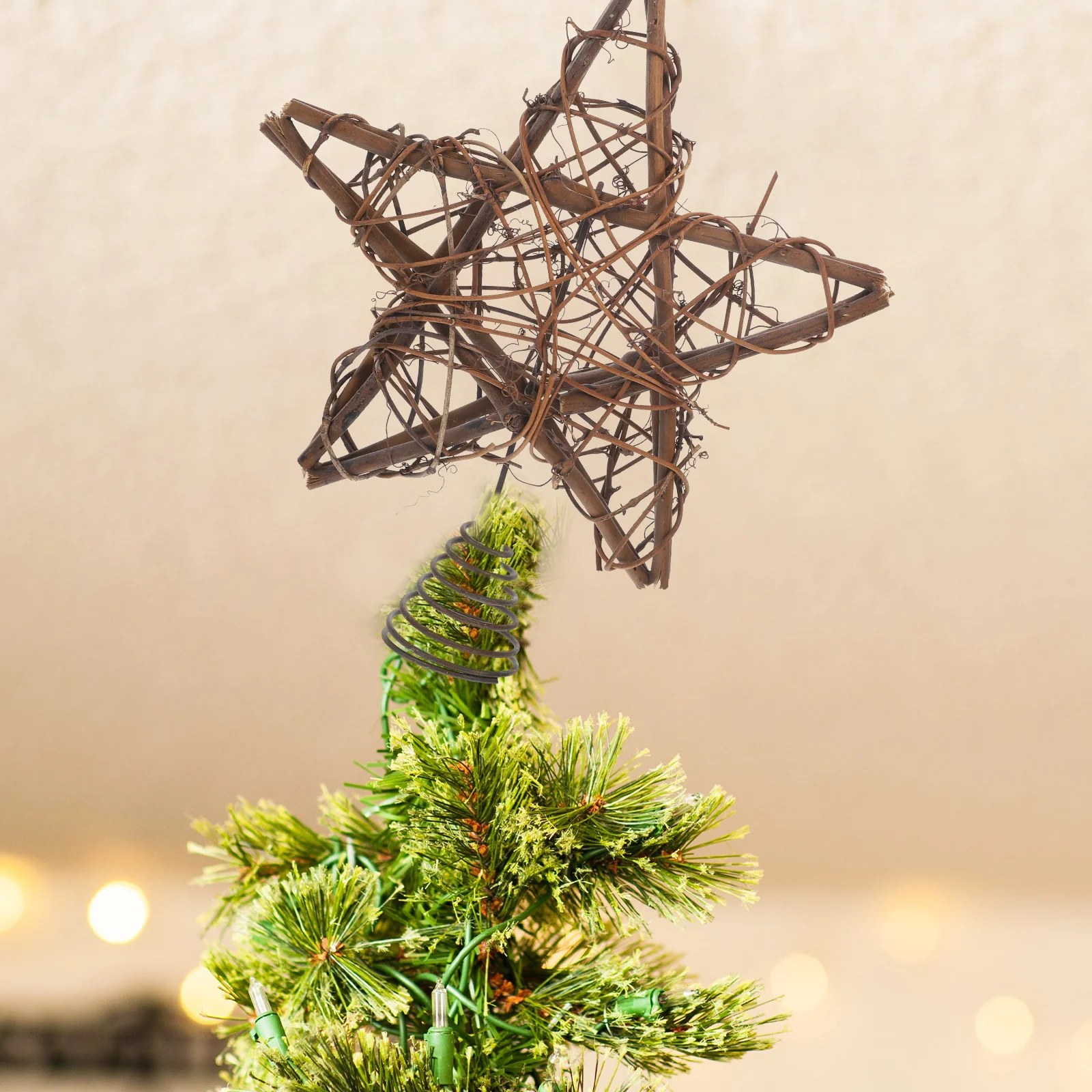 Christmas Tree Top Decoration Impressive Five-pointed Star Props String Lights Ornament Wooden Xmas