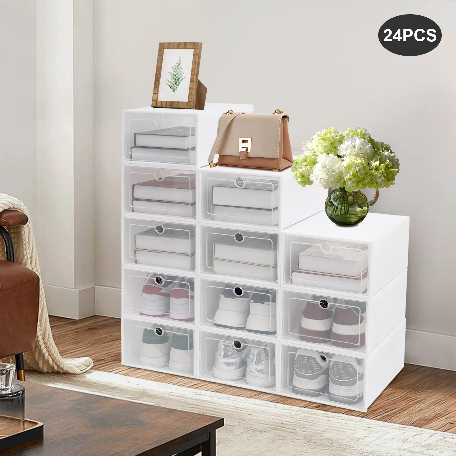 

24-Pack Clear Shoe Boxes Stackable, 13x9x5.5 Inch Foldable Storage Bins w/ Ventilation, for Shoes/Books/Toys Closet Organization