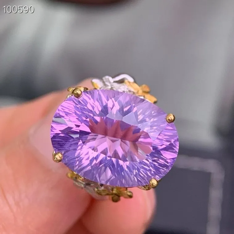 Natural Purple Quartz Ring 13x18mm Oval Cut 925 Silver Two-tone Plated Baroque Floral Statement Cocktail Ring