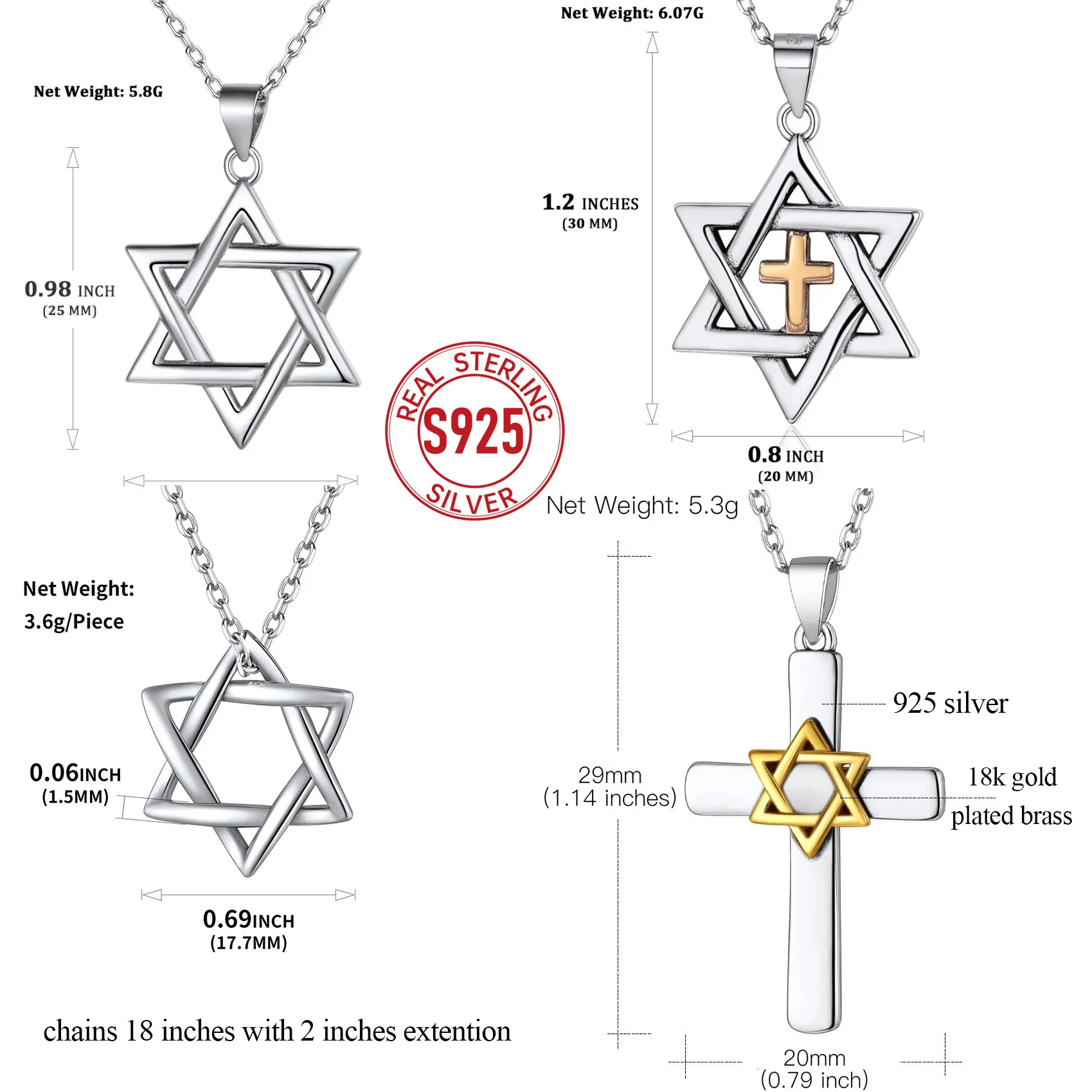 U7 925 فضة نجمة داود القلائد للنساء الصليب السداسية قلادة قلادة المجوهرات اليهودية الدينية هدية لها