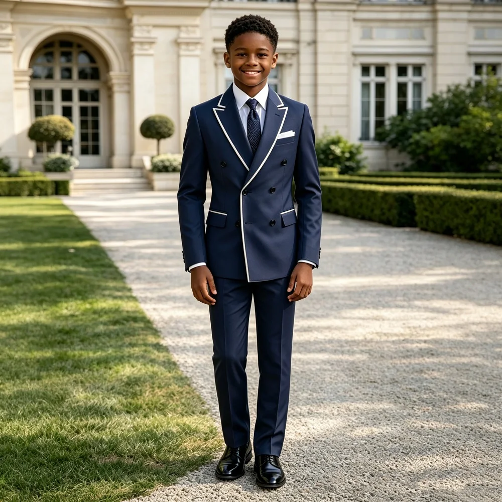 Double Breasted Boys Wedding Suit 2 Pieces Formal Tuxedo Set for Kids Notch Lapel White Piping Suit Page Boy Birthday Party Prom