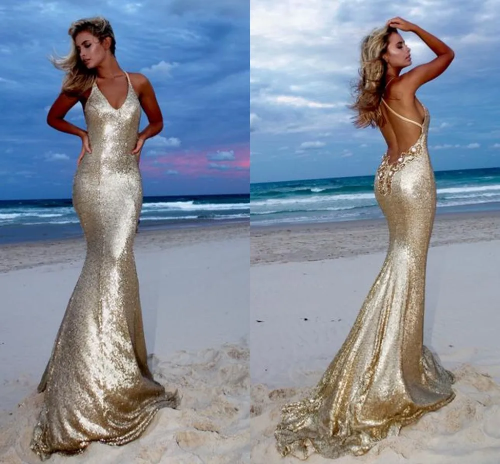 Robe de Soirée Dorée à Paillettes et Col en V pour Fille, Tenue de Bal Sexy Personnalisée, Sirène, Dos aux, Longue, Anniversaire, Quelle que soit la Collection 2023