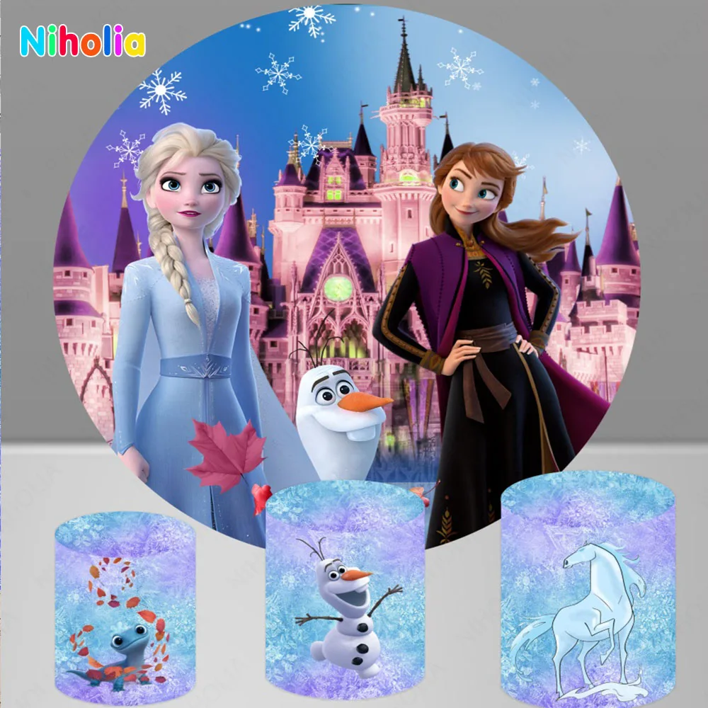 

Frozen Elsa Anna Princess Backdrop Round Cover Girl Kid Birthday Party Photography Background Cylinder Elastic Decor Banner