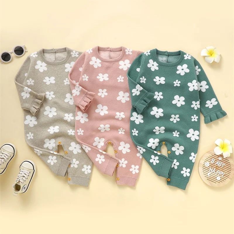 

VISgogo 0-18 Months Baby Girl Sweater Romper Flower Round Neck Ruffle Sleeve Full Length Jumpsuit for Fall Winter Clothes