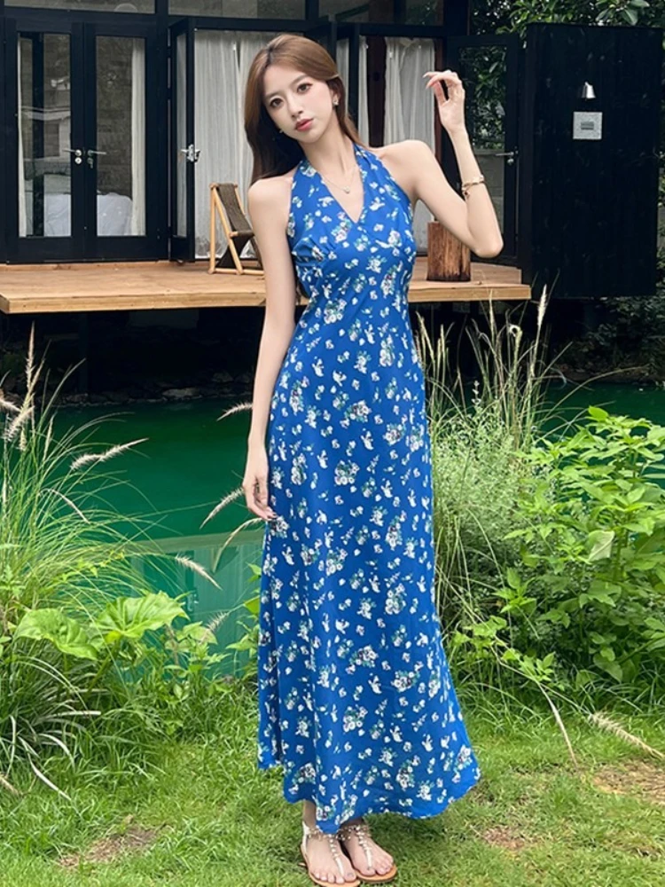 Robe française élégante pour femmes, bleu, motif Floral, col en v, sans manches, col licou, robe d'été, plage, vacances tropicales, mi-longue, 2025