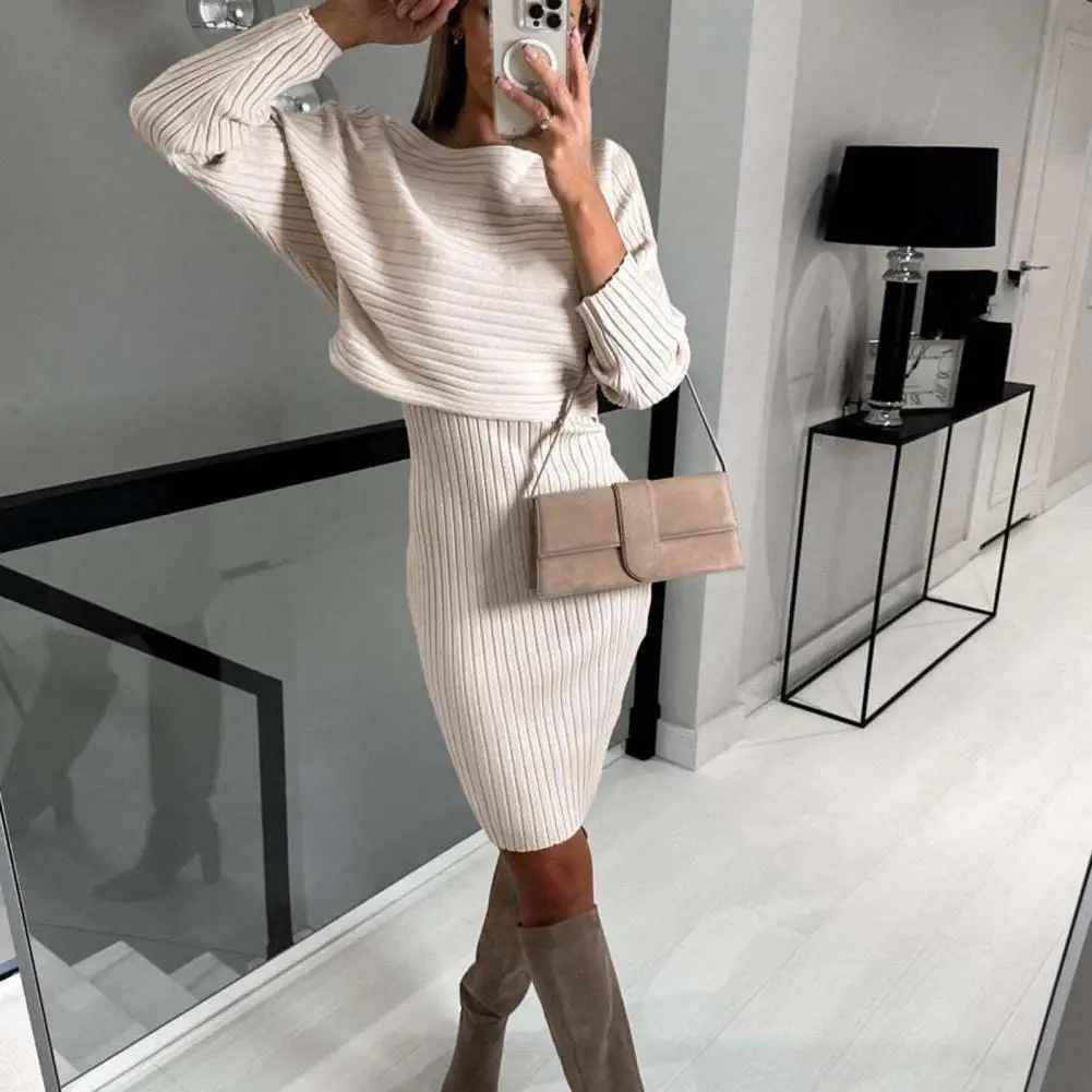 

Chic Dress for Woman 2023 Winter Fashion Slim Fit Sexy Solid Two Piece Mid length Women Elegant Knitted Pit Stripe Dress Vestido