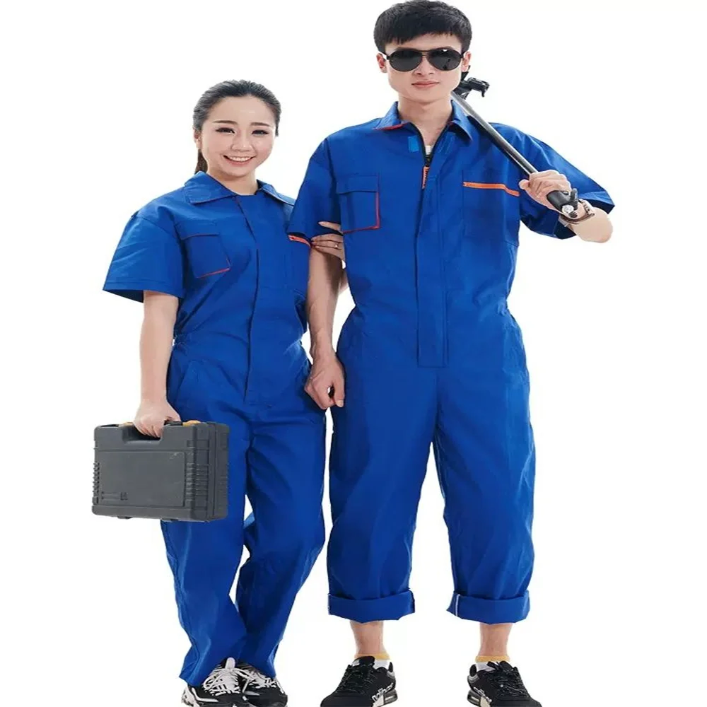 High quality Workshop Wear Clothes Unisex Summer Short Sleeves Engineering Uniform Patchwork Siamese   Cleaner Work Wear blue