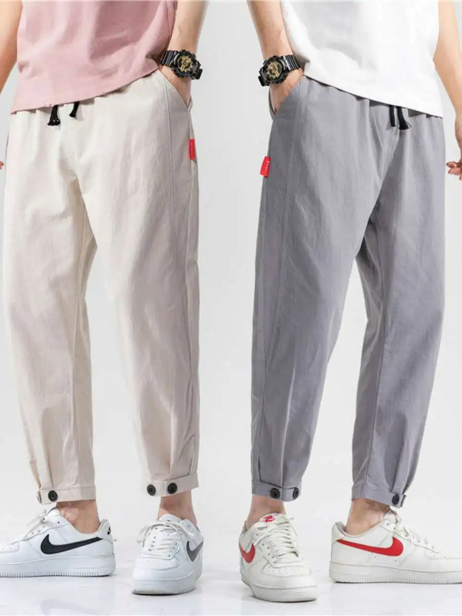 

Мужские повседневные брюки из хлопка и льна, свободные прямые спортивные брюки с девятью очками, летние удобные дышащие брюки со средней талией