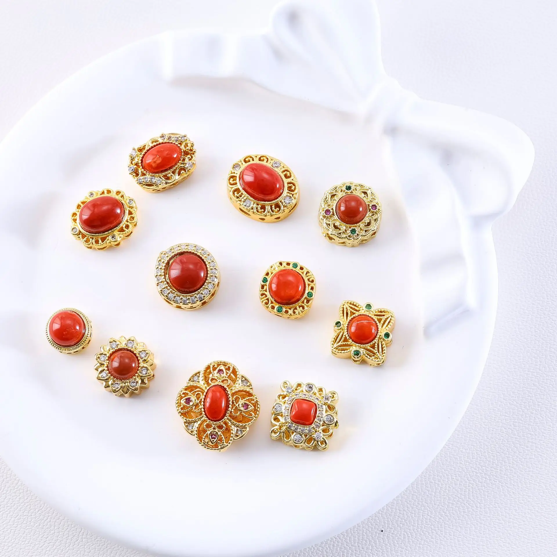 1pcs Copper Gold-plated Natural South Red Stone Jewelry Spacer Bead Accessories DIY Pearl Bracelet Necklace Materials Wholesale