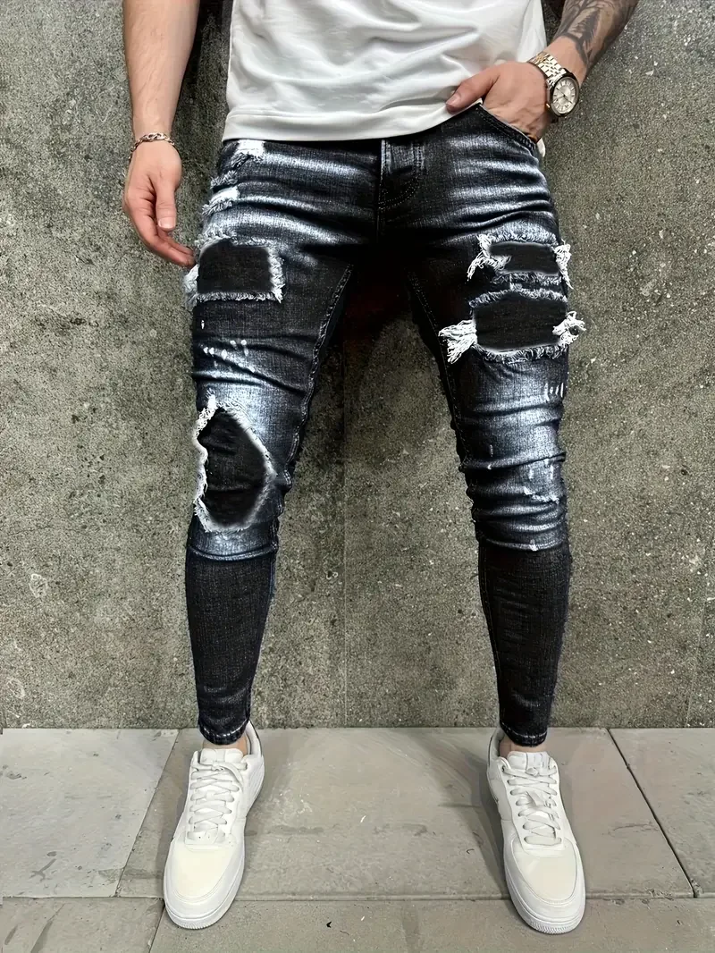 

Men's slim-fit black distressed jeans - Frayed denim, suitable for all seasons casual wear