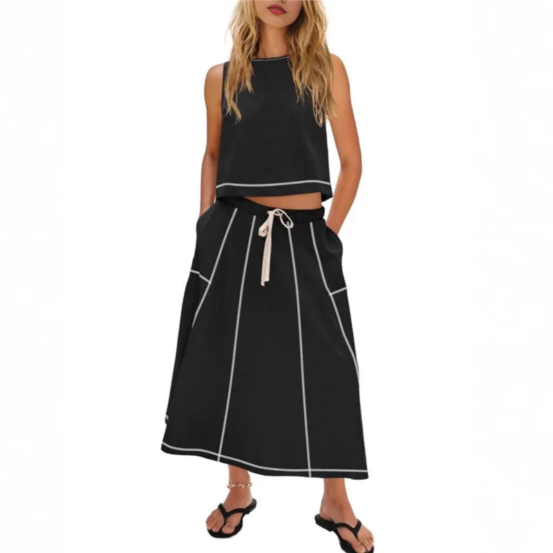 Design Sense Skirt Two Piece Set Women Sleeveless Vest Elastic Waist A-line Skirts 2 Piece Sets Casual Vacation Style Summer New