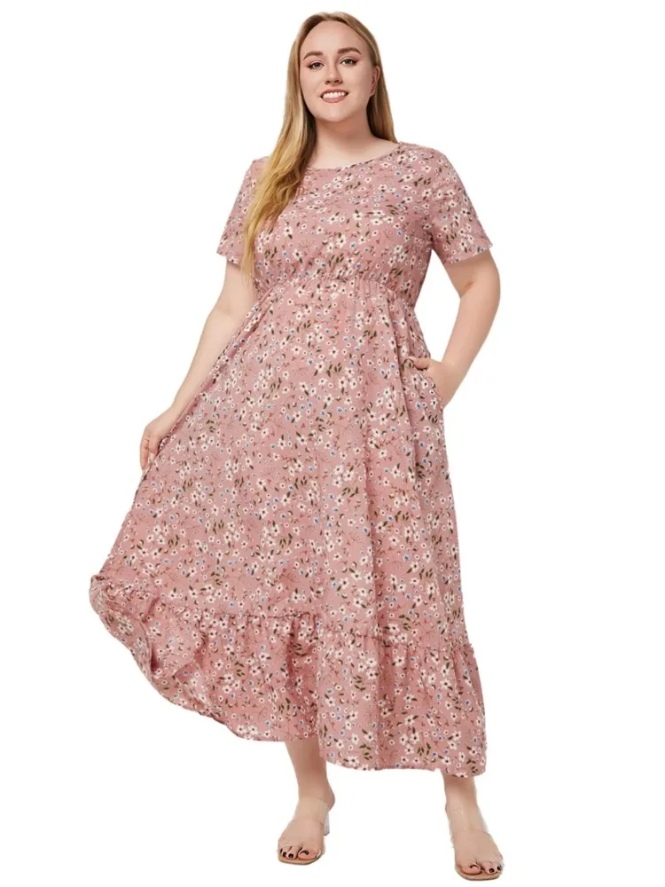 Tamanho grande vestido longo para as mulheres, estampa floral, solto, plissado, plissado, manga curta, moda, verão